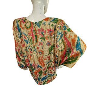 Lucie Ann Beverly Hills 80s Opulent Evening Top Sz S Gold Metallic Pastel Floral